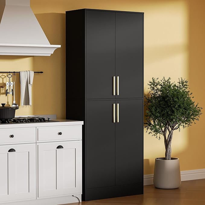 71" Tall Pantry Cabinet, 4 Doors Kitchen Pantry Storage Cabinet, Freestanding Larder Cupboard, Kitchen Hutch with Gold Handles for Dining Room, Bathroom, Black