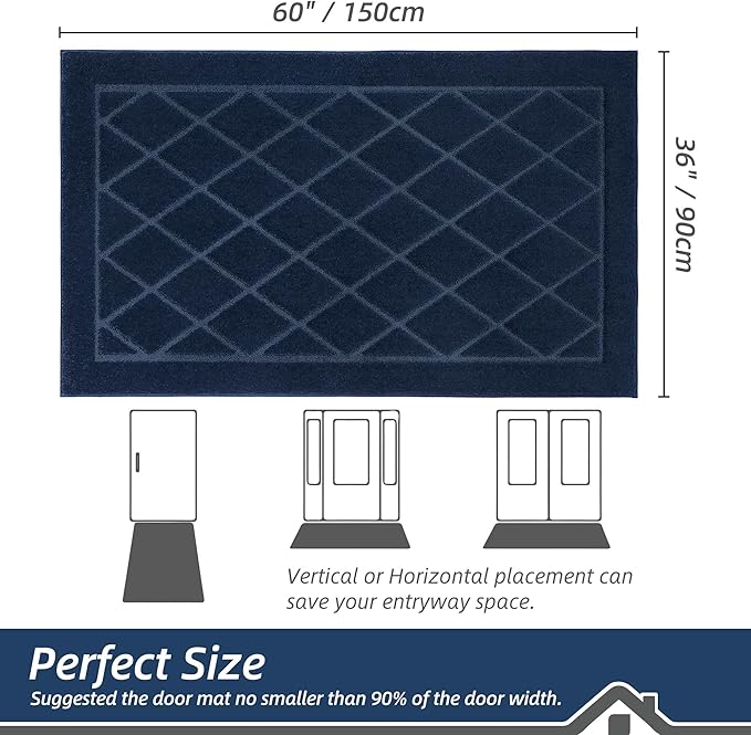 BEQHAUSE Dirt Trapper Door Mat 36" x 60", Doormat Non-Slip Entryway Rugs Washable, Dog Door Mat Stain Resistant and Absorbent Welcome Floor Mat for Front Back Door, Muddy Wet Shoes & Paws, Navy Blue