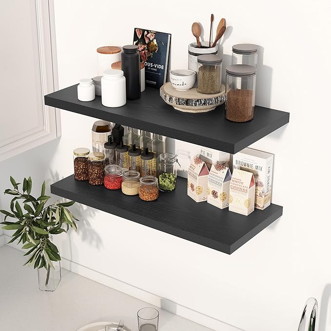 30" Floating Shelves for Wall, 12" Deep Slim Black Floating Shelves, Wall-Mounted Shelves for Bedroom, Living Room, Kitchen, Bathroom - Set of 2