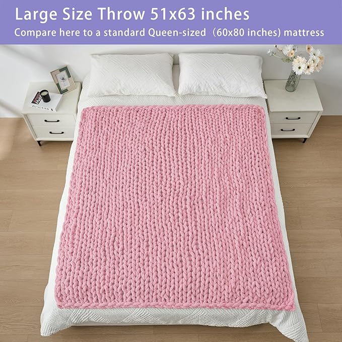 Bigacogo Chunky Knit Throw Blanket for Couch, 51x63 inches, 100% Hand Knitted with Thick Jumbo Chenille Yarn, Cozy Soft Large Rope Knot Cable Crochet Blankets for Sofa Bed Living Room, Blush Pink