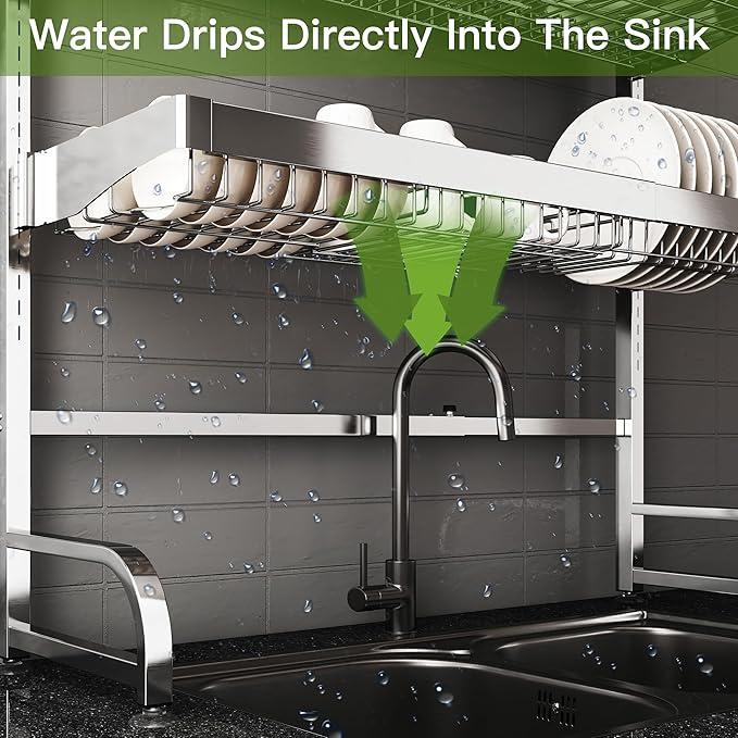 3 Tier Extra Large Stainless Steel Expandable Over The Sink Dish Drainer Drying Rack, Rust Proof Metal, Space Saving, Modern Silver Big Capacity Extendable Plate Strainers Above Kitchen Counter