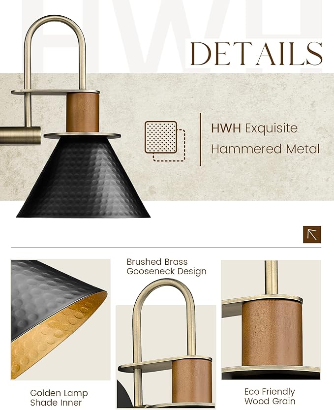 Modern Wall Sconces Set of Two, HWH Industrial Sconce Wall Lighting 1-Light, Gooseneck Barn Wall Vanity Light for Bedroom Kitchen, Hammered Metal Shade, Black and Gold Finish, 5HZG74B-2L BK+BG
