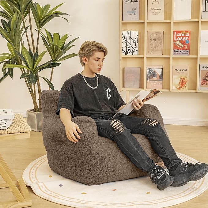 Bean Bag Chair with Filler, Bean Bag Sofa with Tufted Soft Stuffed Filling, Fluffy and Lazy Sofa, Comfy Cozy BeanBag Chairs with Memory Foam for Dorm, Apartment, Living Room (Brown)