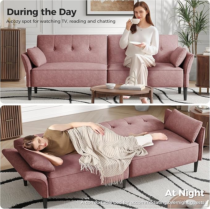 89” Futon Sofa Bed, Velvet Fabric Futon Couch Bed with 2 Square Pillows, Convertible Sleeper Sofa with Adjustable Backrest& Armrests, Modern Loveseat Sleeper for Living Room, Bedroom, Pink