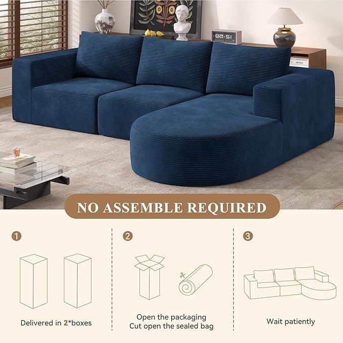 Modular Sectional Sofa with L-Shape Chaise,Cloud Sectional Modern Sleeper Couch with Deep Seat,Sponge Compression Sofas No Assembly Required(Blue-Corduroy Fabric) 1PCS