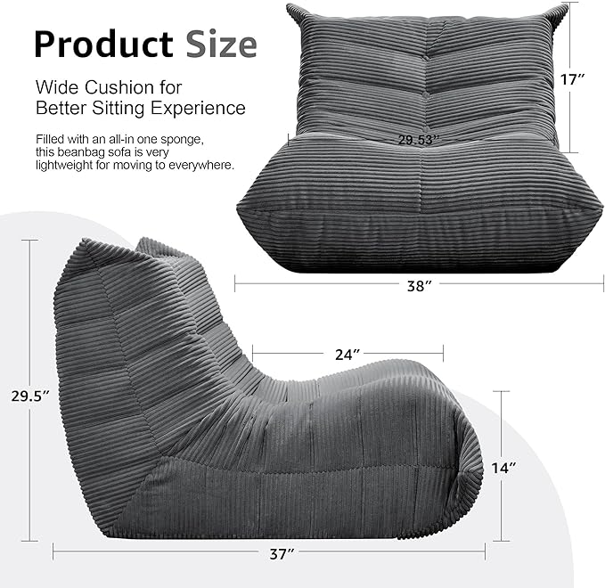Bean Bag Chairs for Adults Giant Bean Bag Chair Memory Foam BeanBag Chair Big Bean Bag Sofa with Filler Faux Fur Fireside Beanbags Lazy Sofa for Living Room Bedroom Dorm Office (Grey Corduroy)