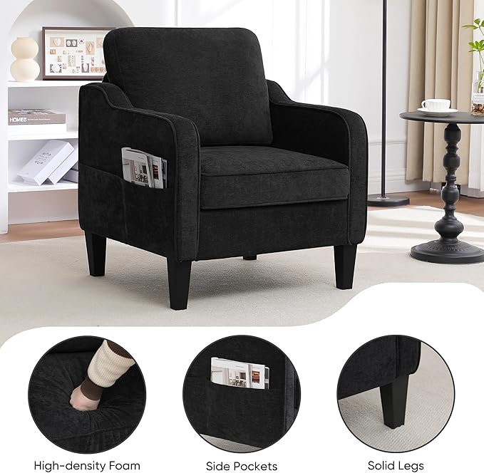 Accent Chair for Living Room, Mid Century Modern Reading Chair for Bedroom, Upholstered Armchair with Side Pockets, Comfy Single Sofa Side Chair for Office, Apartment, Small Room, Black