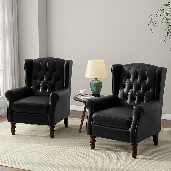 Accent Chair, Upholstered Armchair with Button Tufted High Back & Solid Wood Legs, Comfy Wingback Reading Single Sofa Chair for Small Spaces, Living Room, Bedroom (Leather Black, Set of 1)