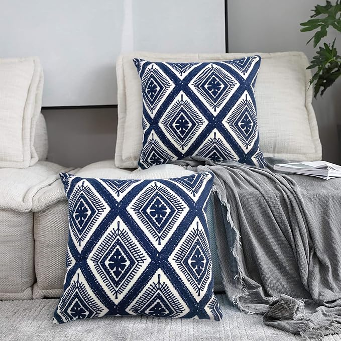 Alysheer Embroidered Decorative Throw Pillow Covers 18x18 inches Set of 2 Pieces, Boho Geometric Modern Chic Classic Pattern Cotton Cushion Cases for Sofa Couch Bed Living Room(Navy Blue)