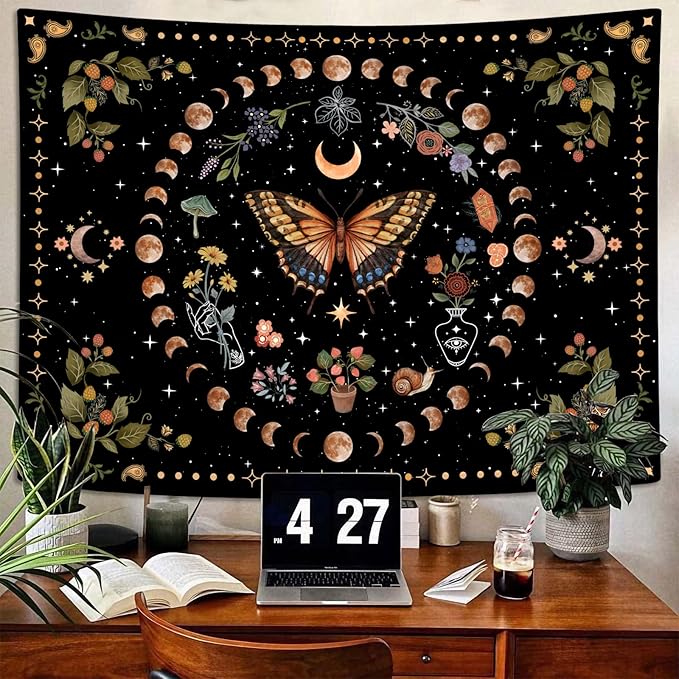 Aipon Yellow Butterfly Moon Flower Tapestry Botanical Floral Plant Boho Tapestry for Bedroom Aesthetic Vintage Tapestries Wall Hanging for Living Room Dorm (36.00'' × 48.00'', Yellow)