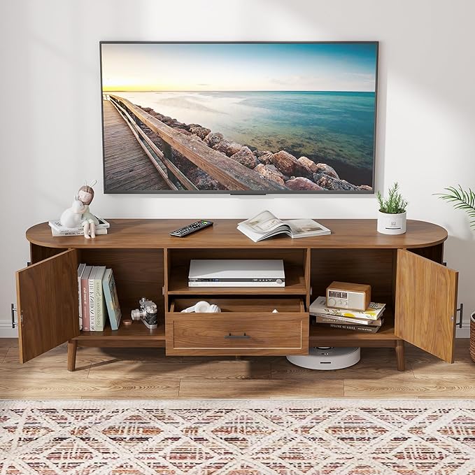 70" Fluted TV Stand for Tvs up to 80", Mid-Century Modern Entertainment Center with Drawers and Fluted Doors, Curved TV Media Console Table with Sliding Doors for Living Room, Bedroom (70")