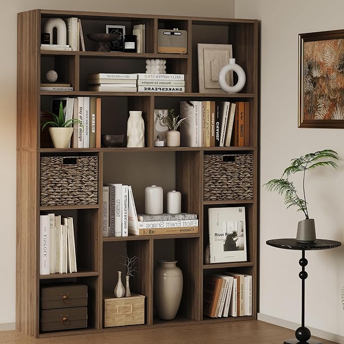 71” Tall Wooden Bookcase 6-Tier Large Bookshelves with 2 Woven Baskets, 55" Wide Floor Standing Wood Display Organizer Shelves for Living Room（Brown）