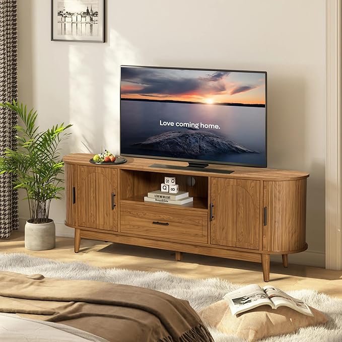 63" Fluted TV Stand for Tvs up to 70", Mid-Century Modern Entertainment Center with Drawers and Fluted Doors, Curved TV Media Console Table with Sliding Doors for Living Room, Bedroom (63")