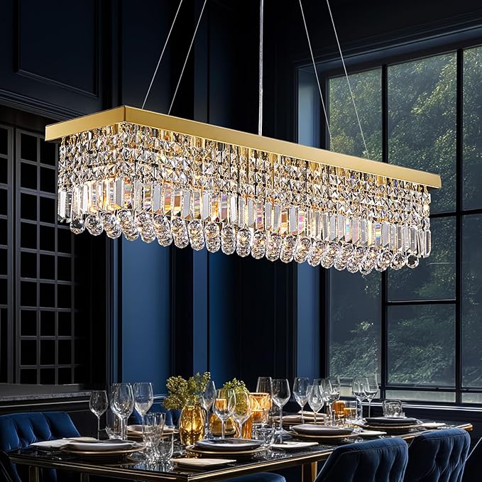 Modern Crystal Chandelier for Dining Room,Gold Luxury Crystal Chandelier,8 Lights Rectangular Rectangle Light Fixture for Living Room Kitchen Island L40''xW10''xH10''