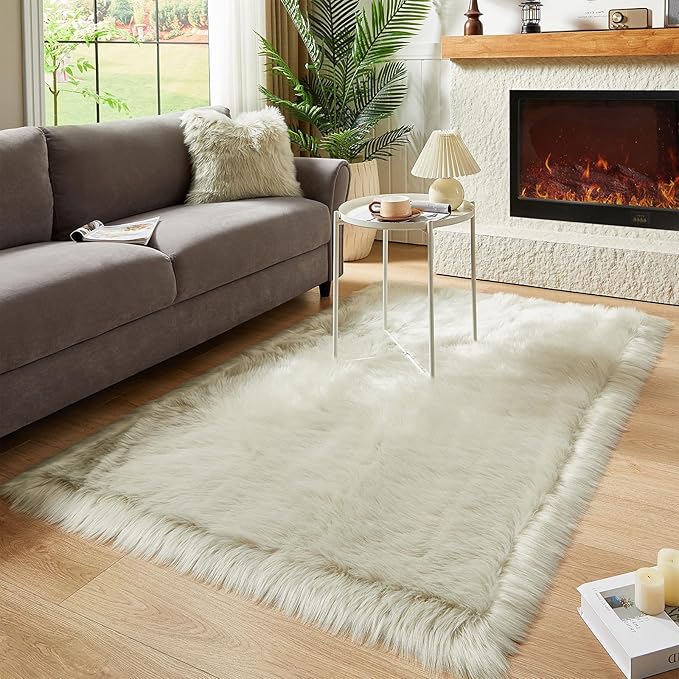 AMTOVO Faux Fur Sheepskin Rug for Living Room, 4 x 6 ft Light Grey Fluffy Area Rug for Bedroom, Playroom, Luxury Room Decor, Rectangle