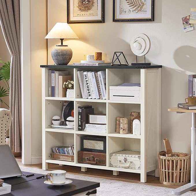 9 Cube Bookcase, Farmhouse 47 Inch Wide White Bookshelf, Wooden 3 Tier Display Large Open Book Shelf, Vintage Horizontal Book Case for Home Office, Cubby Storage Cabinet for Living Room