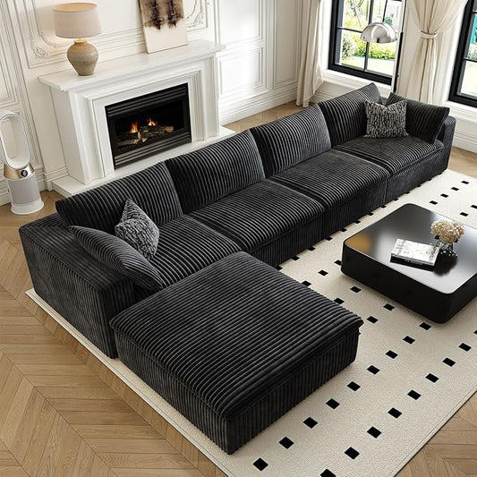 157.5" Cloud Couch Modular Sectional Sofa for Living Room,Modern Sofa with Deep Seat，L-Shape Boneless Couch with Ottoman,Comfy Upholstered Corduroy Couches for Apartment, Studio, Office,Bedroom，Black