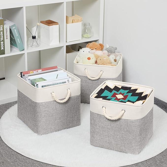 Bidtakay Fabric Basket Set - Large Square Organizer Bins, 13x13, Set of 3, White & Grey
