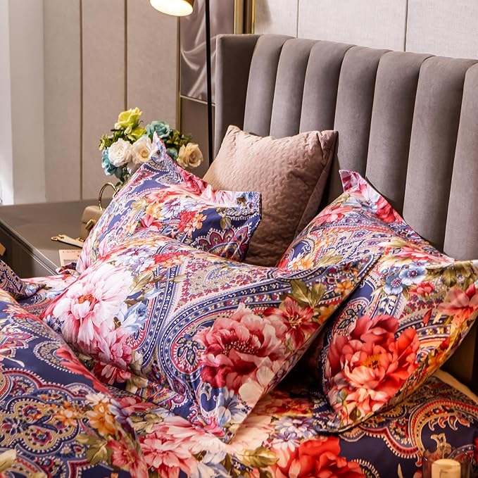 ABREEZE Colorful Floral Duvet Cover Queen 100% Cotton Flower Duvet Cover 3 Piece Set 1 Multi-Colored Damask Paisley Duvet Cover with Zipper Ties 2 Pillowcases Luxury Soft Peony Print Bedding Set
