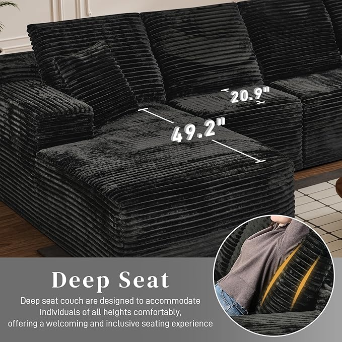 Modular Sectional Sofa Cloud Sectional Couch, 135" Comfy Fluffy U Shaped Black Couches for Living Room, Deep Seat Memory Foam Plush Corduroy Boneless Couch Sectionals with Left Facing Chaise Sofa