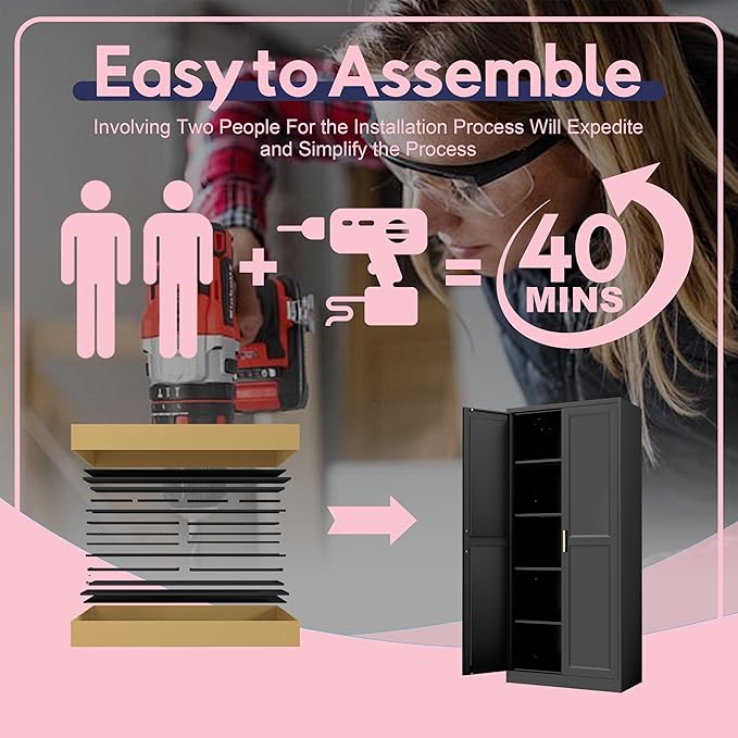 71" Storage Cabinet, Metal Pantry Cabinet, Kitchen Pantry Storage Cabinets with Doors and 4 Shelves for Laundry Room, Living Room, Dinning Room, Assembly Required, Black