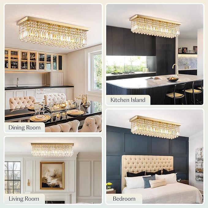 Modern Crystal Chandelier, 6 Lights Luxury Gold Rectangular Flush Mount Ceiling Light, Dining Room Light Fixture, Rectangle K9 Crystal Raindrop Chandelier for Living Room Bedroom L31.5 Inch