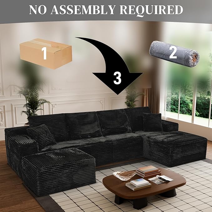 Modular Sectional Sofa Cloud Sectional Couch, 135" Comfy Fluffy U Shaped Black Couches for Living Room, Deep Seat Memory Foam Plush Corduroy Boneless Couch Sectionals with Right Facing Chaise Sofa