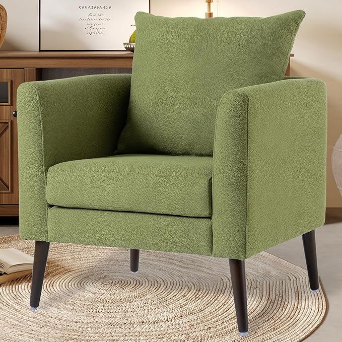 Barrel Accent Chair with Back Pillow, Large Upholstered Armchair with Solid Wood Legs Modern Reading Chairs for Living Room Bedroom