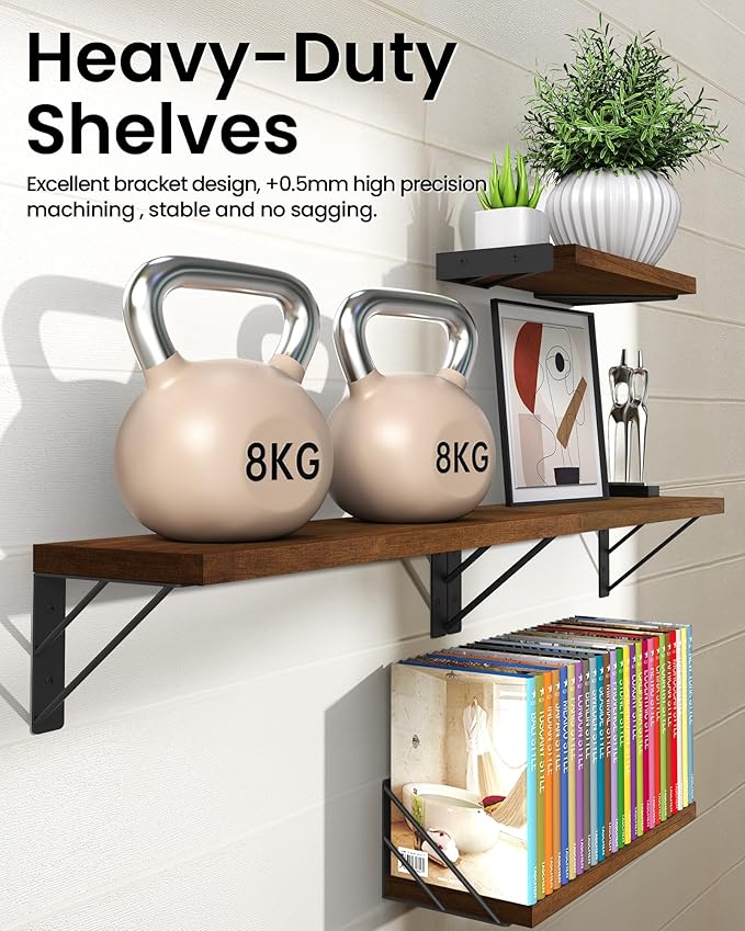 BAYKA Floating Shelves for Wall, Book Shelf for Bedroom, Wall Decor Shelves for Living Room Kitchen, Mounted Wood Floating Shelf for Home Decor, Corner Shelf for Bathroom, Office(Set of 4)