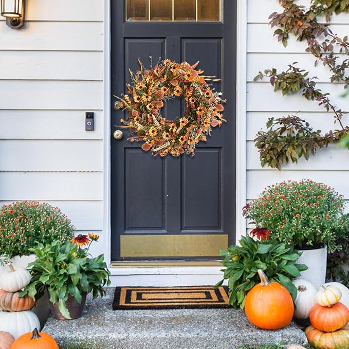 Bibelot Fall Front Door Wreath, 22" Artificial Floral with Colorful Daisies and Autumn Foliage - Orange for Wall, Window and Thanksgiving Decor