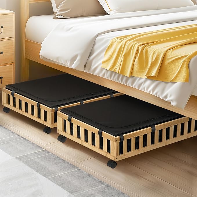 2 Pack Bamboo Under Bed Storage with Wheels, 39”x20”x7.8” Lager Under Bed Storage Containers (Natural)