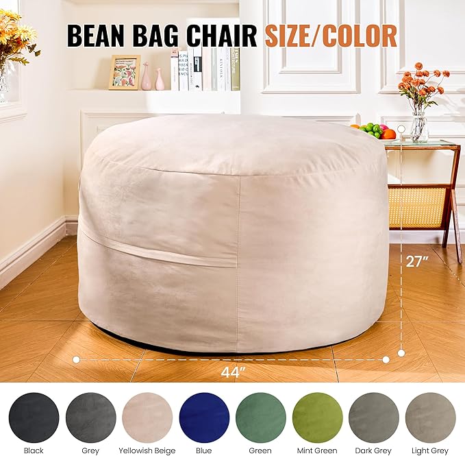 4FT Bean Bag Chair: Bean Bag with Velvet Cover, Fluffy and Comfy Bean Bag Chairs for Adults and Kids, Bean Bag Sofa Filled with High-Density Sponge for Gaming (Yellowish Beige)