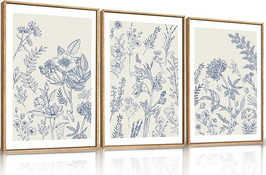 HPINUB Classic Chinoiserie Floral Framed Canvas Wall Art Set,Watercolor Blue and White Botanical Flowers Wall Decor,Navy Blue Minimalist Wildflower Art Print for Living Room,Bedroom,Office-24x36x3