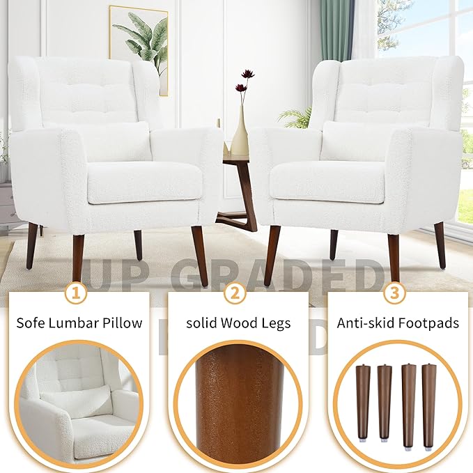 Accent Chair Set of 2, Upholstered Armchair with Pillow, Teddy Single Sofa with Lounge Seat and Wood Legs for Living Room Small Spaces
