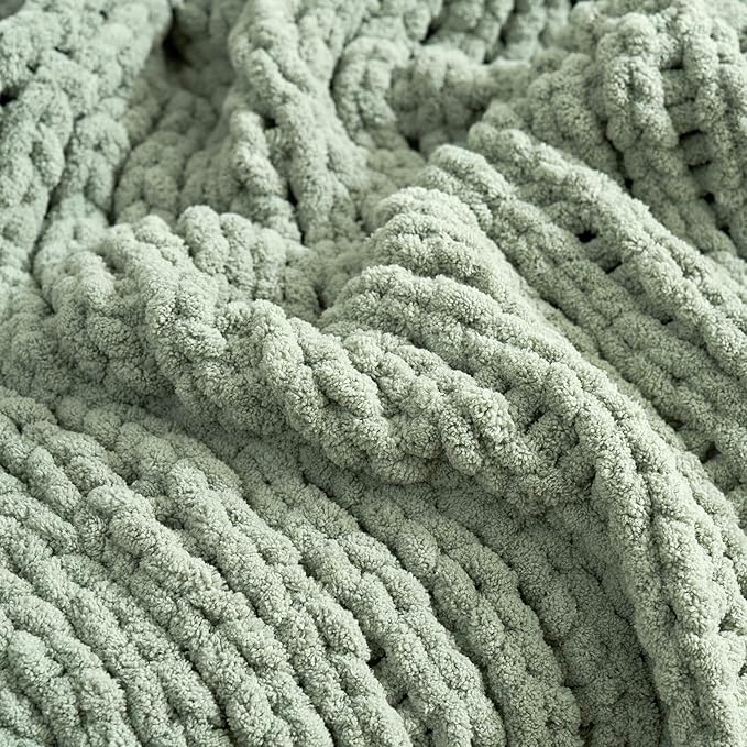 Amélie Home Chunky Knit Throw Blanket for Couch, Soft Chenille Crochet Blanket for Kids, 30"x40", Sage Green