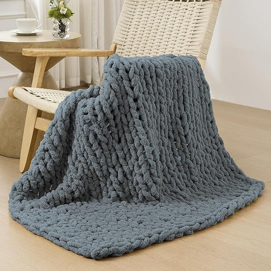Bigacogo Chunky Knit Throw Blanket for Couch, 40x40 inches, 100% Hand Knitted with Thick Jumbo Chenille Yarn, Cozy Soft Large Rope Knot Cable Crochet Blankets for Sofa Bed Living Room, Iron Gray