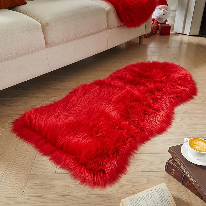 AMTOVO Faux Fur Rug, Red Area Rug, Fluffy Sheepskin Rug, Fuzzy Ultra Soft 2 x 4 ft Shag Rugs for Bedroom Sofa Throw Cushion Room Decor, Sheepskin
