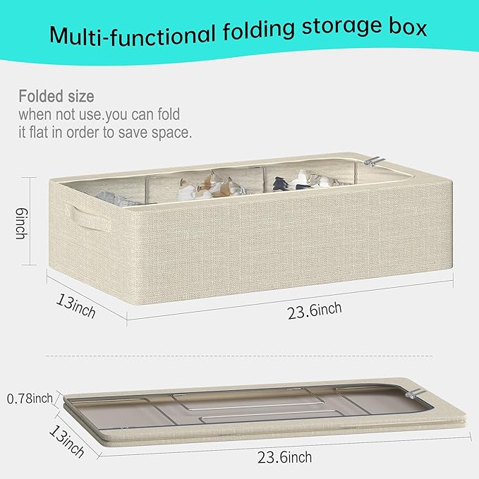 3PCS Under Bed Storage Bins with Metal Frame, Linen Fabric Frame Storage Box Clothes Organizer Bins, Underbed Container with Clear Window (Beige, 15.7 x 13 x 6IN)