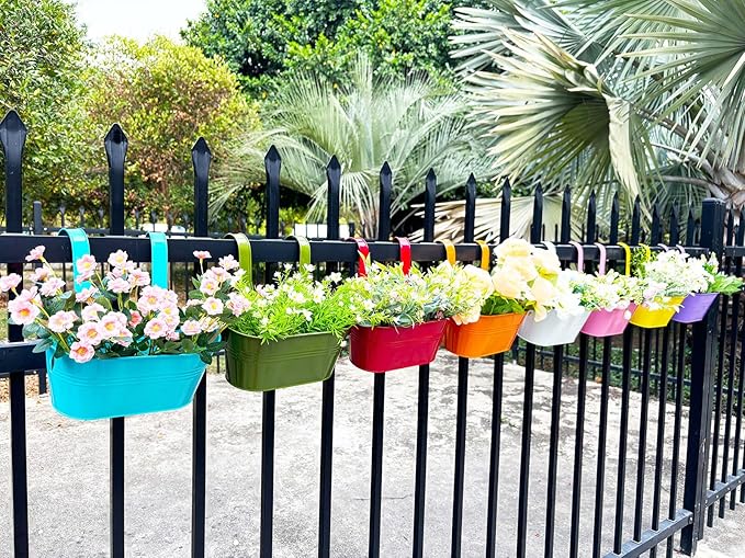 8 Pack Hanging Planters 10", Colorful Metal Bacony Railing Planter for Outdoor Decor, Countryside Fence Pot Flower Bucket for Rails Patio Garden, Plant Pot for Herb (Multi-Color, 8Pcs)