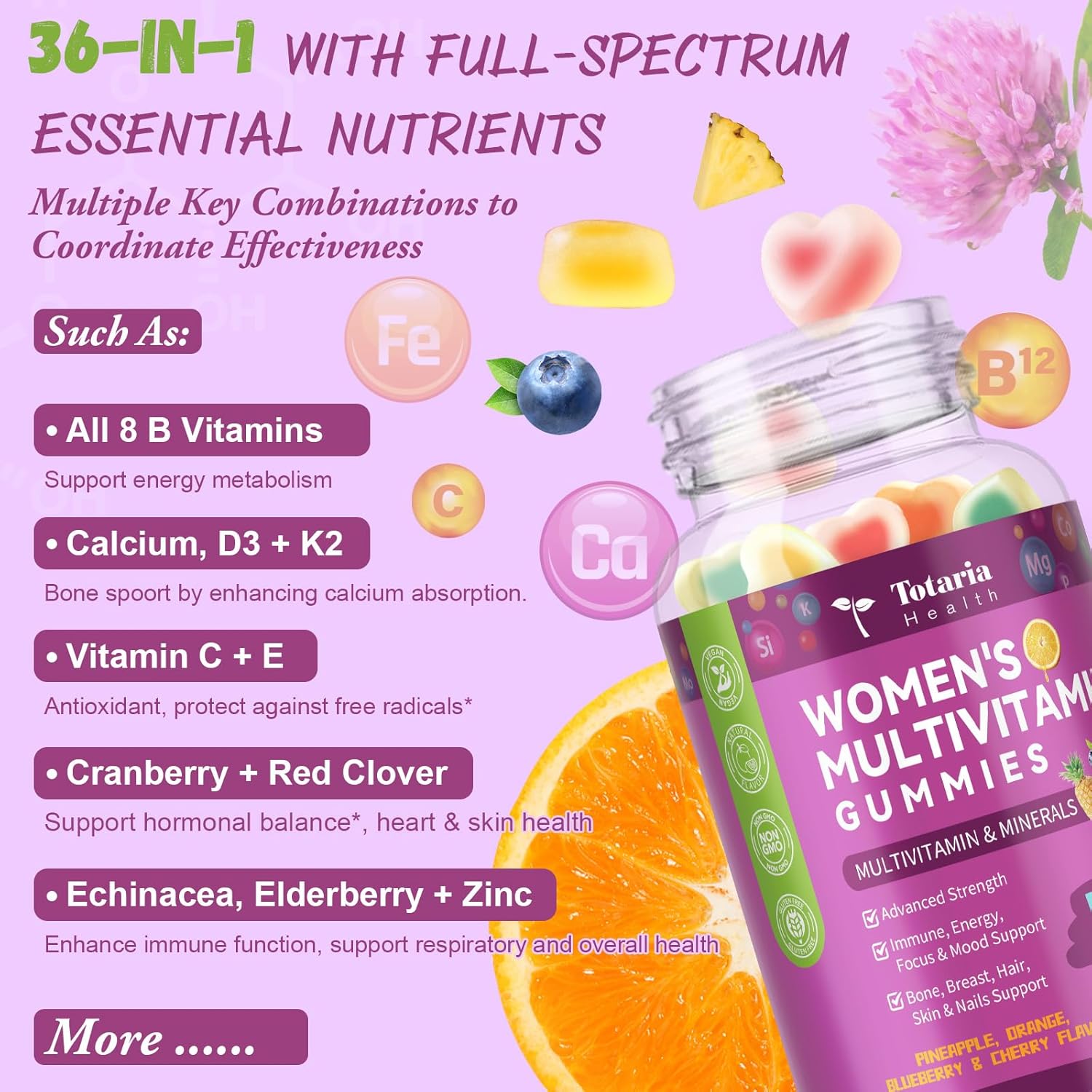 (2 Pcs) Totaria Sugar Free Multivitamin Gummies for Women 14+ w/Iron, Inositol, Folate, Biotin, Womens Daily Multivitamin Gummy w/Vitamin A, C, B, D3, K2, for Hair, Skin, Energy, Immune, Mixed Flavors