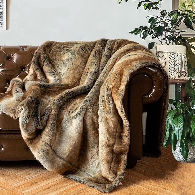BATTILO HOME Luxury Brown Faux Fur Blanket Thick Warm Elegant Cozy Fuzzy Throw for Couch, Bed, Sofa Fluffy Blankets Decorative Reversible to Plush Velvet, 50"x60"