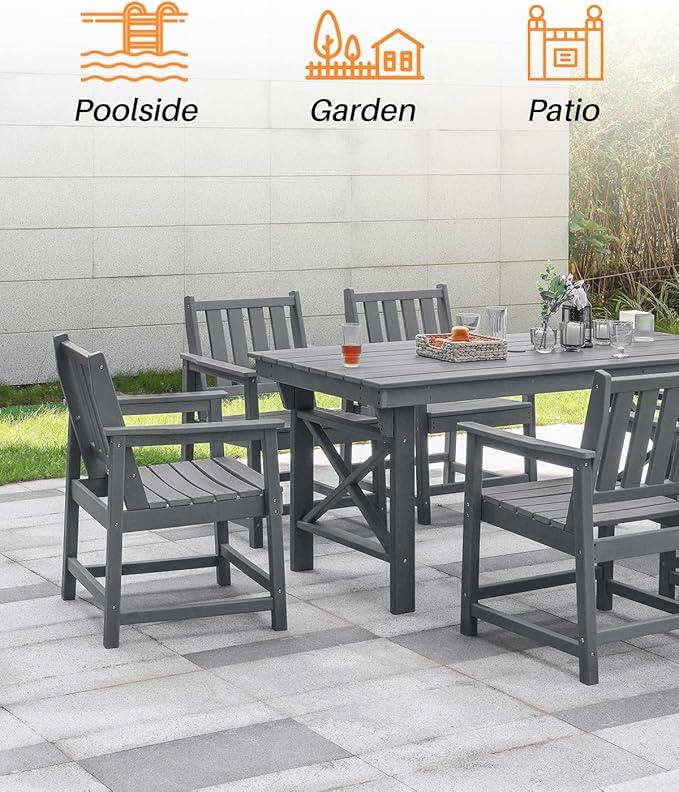 7 Pieces HDPE Outdoor Dining Set, Patio Dining Set with Umbrella Hole, All Weather Outdoor Dining Table Sets for 6, HDPE Patio Furniture Sets for Deck, Backyard, Lawn, and Poolside, Smoke Gray