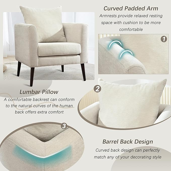 Barrel Accent Chair with Back Pillow, Large Upholstered Armchair with Solid Wood Legs Modern Reading Chairs for Living Room Bedroom