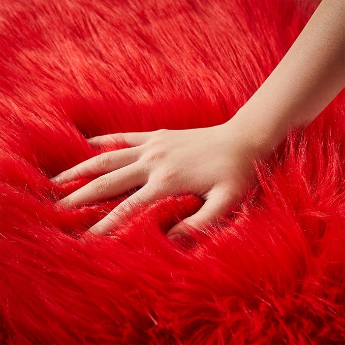 AMTOVO Faux Fur Sheepskin Rug for Living Room, 4 x 6 ft Red Fluffy Area Rug for Bedroom, Playroom, Luxury Room Decor, Rectangle