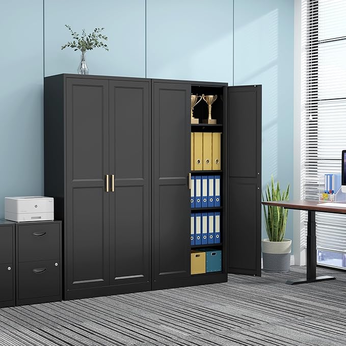 71" Tall Metal Pantry Cabinet, Black Kitchen Pantry Storage Cabinet with 4 Adjustable Shelves and Gold Handles, Cupboard for Kitchen, Dining Room, Living Room, Bathroom