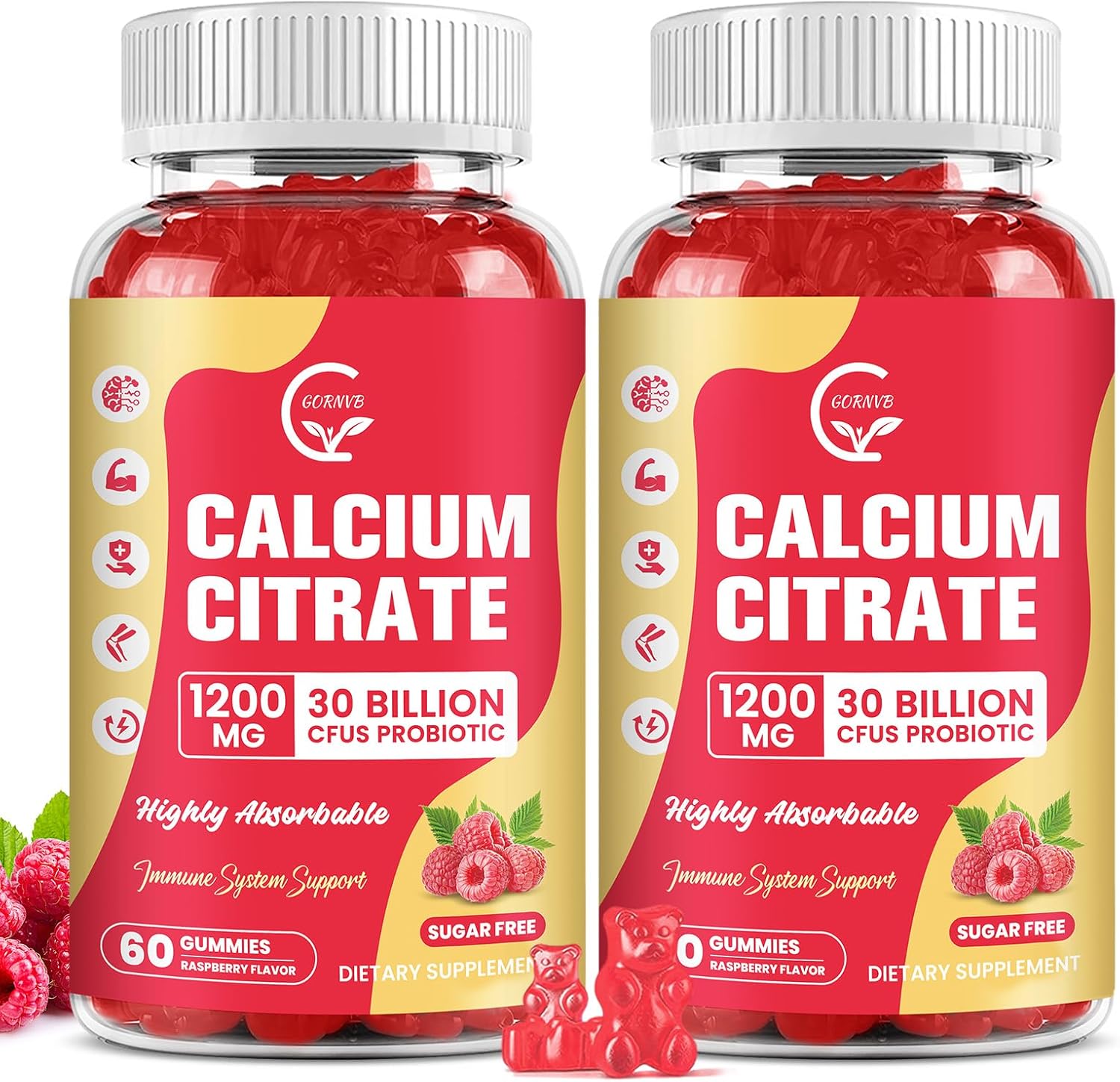 (2 Pack) Sugar Free Calcium Citrate Gummies 1200 mg with Vitamin d3, K2, Magnesium, Zinc for Bone, Muscle & Immune Support, High Absorption Calcium Supplement for Women, Raspberry Flavor, 60 Chews