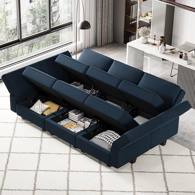 Belffin Modular Velvet Sectional Sofa with Chaise Lounge Sectional Sleeper Sofa with Storage Chaise Bed Couch for Living Room Blue