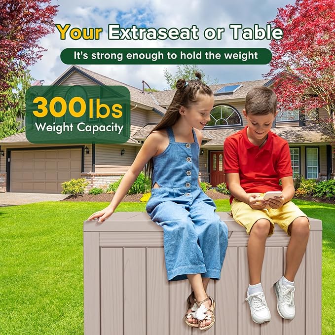 45 Gallon Outdoor Storage Box Waterproof Lockable Resin Deck Box Large, Patio Storage Bin for Pool Accessories Cushion Furniture, Garden Tools, UV-Resistant Outside Delivery Light Coffee