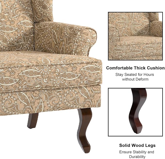 Accent Chair, High Back Upholstered Armchair with High Resilience Sponge & Wood Legs, Mid-Century Modern Comfy Single Sofa Reading Chairs for Living Room, Bedroom (Floral Light Brown, Set of 1)