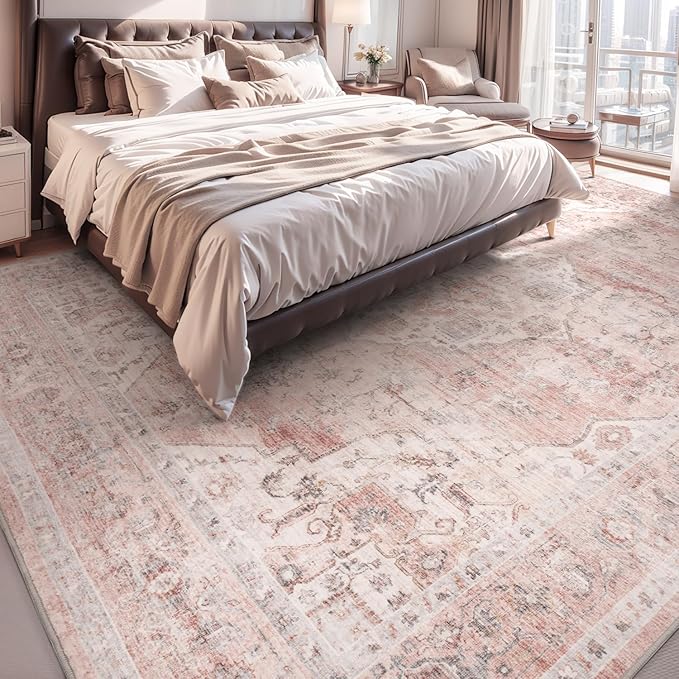 AMOAMI-Area Rug 5X7 Rugs for Living Room-Vintage Soft Pink Rugs for Bedroom-Non Slip Carpet-Machine Washable Rug for Dining Room Living Room Bedroom Office Under Table